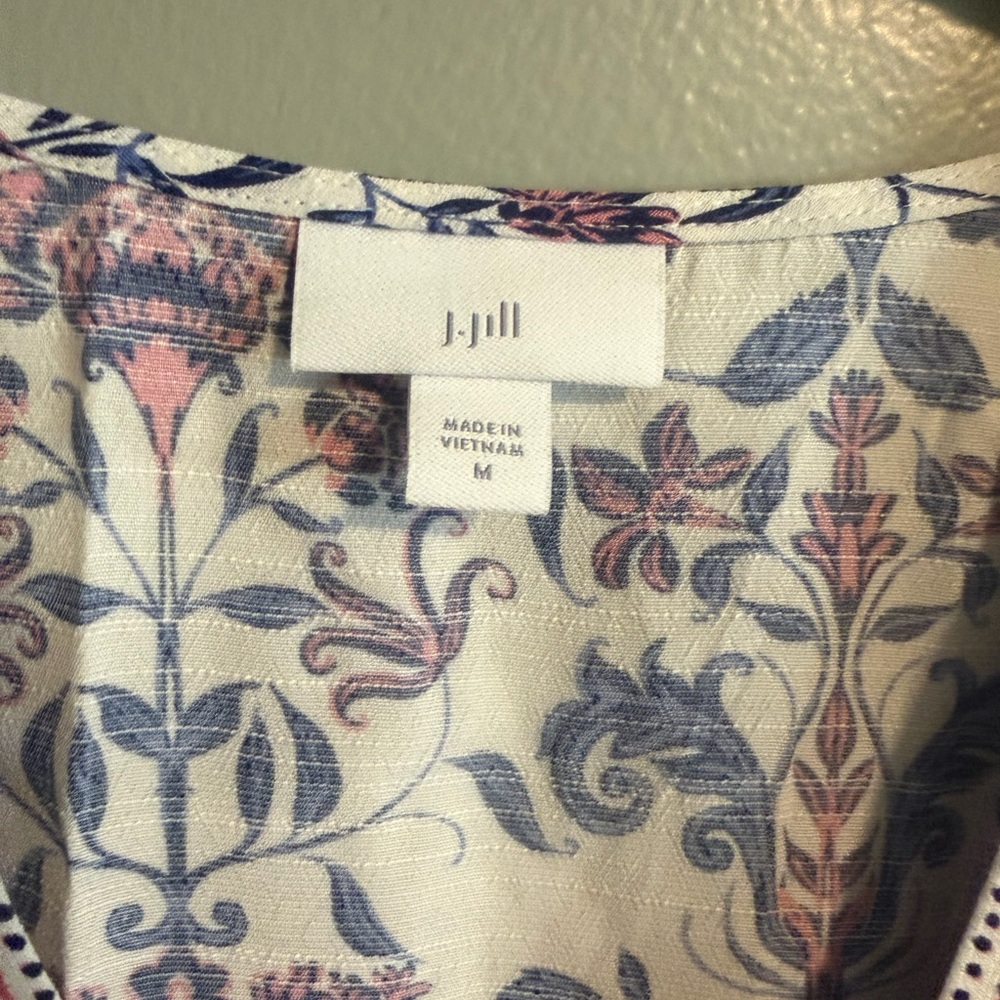 J. Jill White Midi Boho Peasant Dress with Blue & Mauve Floral Print size medium - Picture 2 of 12